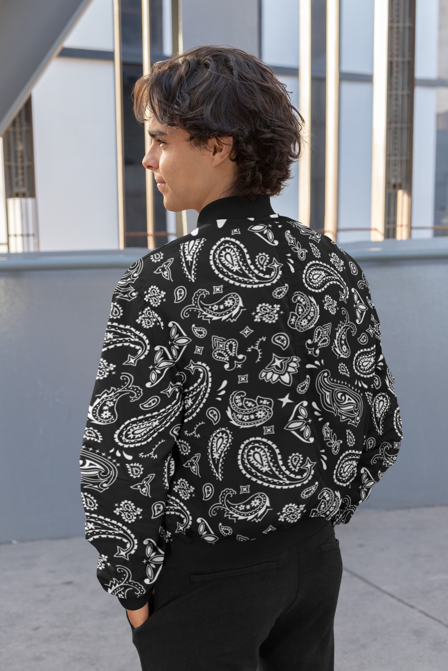 ANDREW MARTINI BANDANA PRINT UNISEX AOP BOMBER JACKET